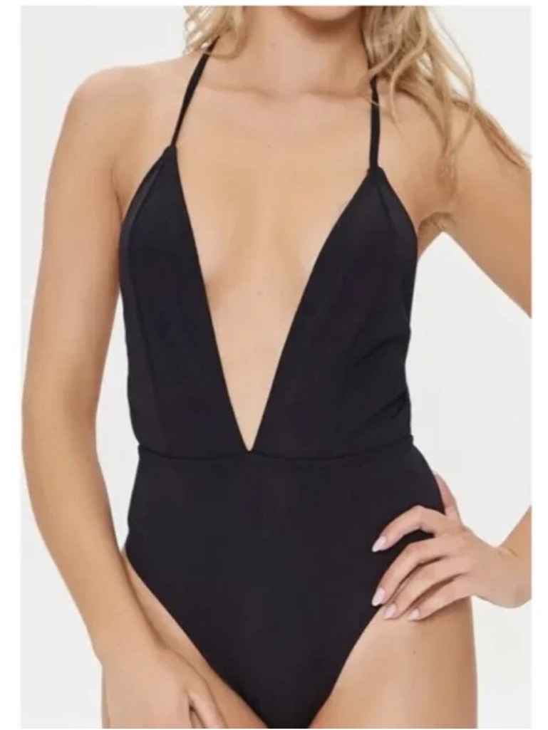 Forever 21 Black Ribbed Plunging V-Neck Halter One Piece Swim Bodysuit Size Xl